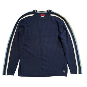 Unionbay Mens Ribbed Crewneck Sweater Navy Blue‎ Striped Sleeve Vintage Large